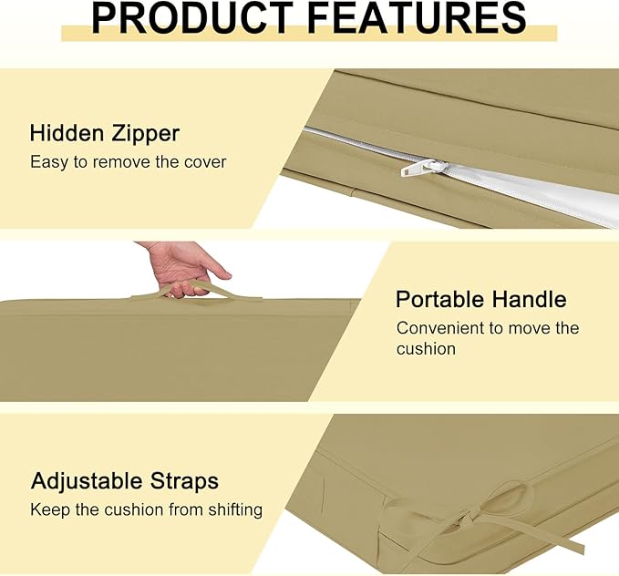 downluxe Waterproof Outdoor Chair Cushions Set of 4, 19" x 19" x 3" Patio Chair Cushion with Non-Slip Ties & Handle, Square Outdoor Cushion for Patio Furniture with Removable Cover, Khaki