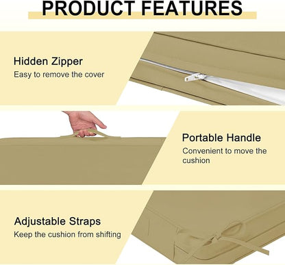 downluxe Waterproof Outdoor Chair Cushions for Patio Furniture, 22" x 22" x 3" Patio Chair Cushion with Adjustable Ties & Portable Handle, Square Outdoor Cushion with Removable Cover, Khaki, 2 Pack