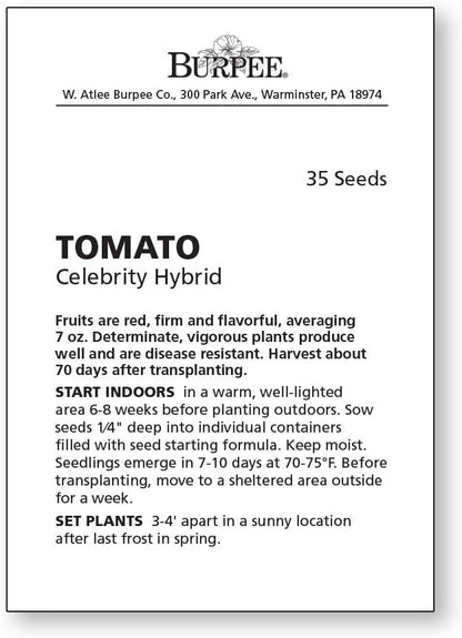 Burpee 'Celebrity' Hybrid Red Tomato Slicer 35 Non-GMO Seeds for Planting Disease-Resistant and Award-Winning Variety Big Juicy Tomato for Summer Sandwiches
