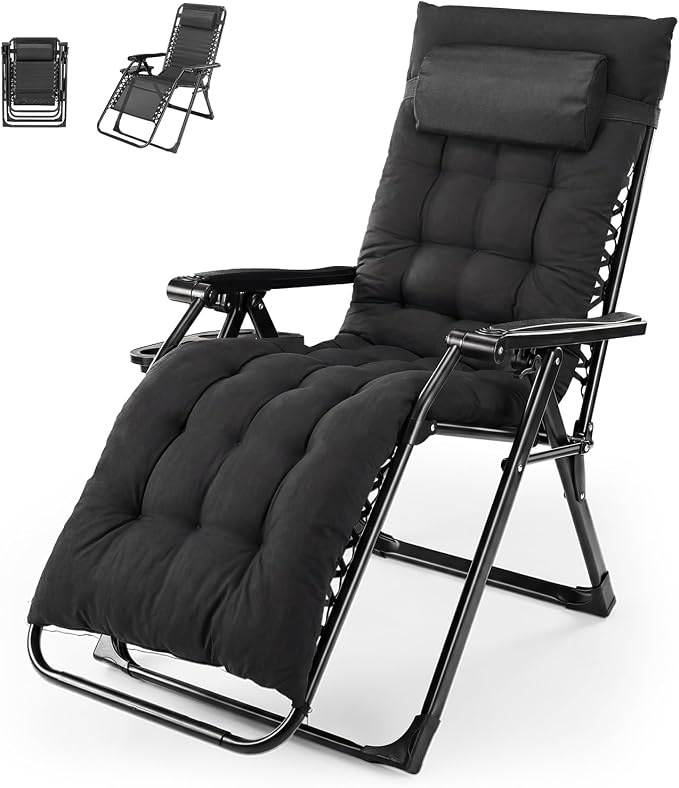 NEWBULIG Zero Gravity Chair, Folding Patio Recliner with Removable Cushion & Cup Holder Trays, Portable Lounge Chair for Beach & Camping, Classic Black