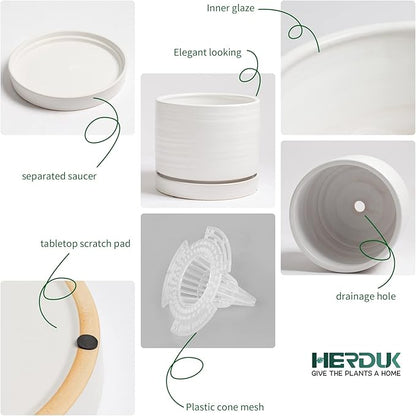 HERDUK 8 Inch Pots for Plants, Ceramic Planter Pot with Drainage Hole & Saucer, Indoor/Outdoor Cylinder Round Planter Pot, Matte White