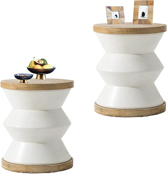 HOMPUS Unique Outdoor Concrete Side Table Set of 2, Modern Vintage MgO Patio End Table Set, 2 Piece Lightweight Functional Small Accent Table for Indoor Outdoor Use, Garden, Deck, Poolside