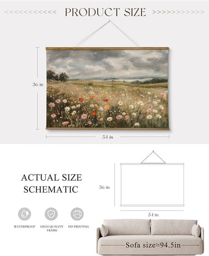 ARPEOTCY Extra Large Vintage Framed Wall Art, 36x54 Inch Colorful Wild Flowers Landscape Hanging Framed Wall Art Decor for Living Room Bedroom Office, Retro Rustic Home Decor Aesthetic