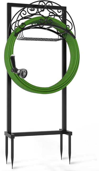 Breeze Touch Garden Hose Holder Freestanding with Storage Basket, 4-Spike Stable Water Hose Holder for Outside, Heavy Duty Metal Hose Stand Holds 150FT Hose, Easy Install Hose Organizer for Yard Lawn