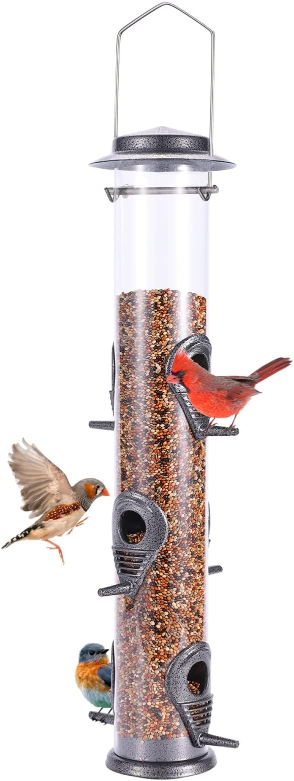 MIXXIDEA 1PK Metal Wild Bird Feeder,Squirrel Proof Bird Feeders for Outside,Hanging 6 Port Tube Bird Feeder Transparent Finch Bird Feeder for Attracting Birds in Your Lawn, Garden, Balcony-Gray