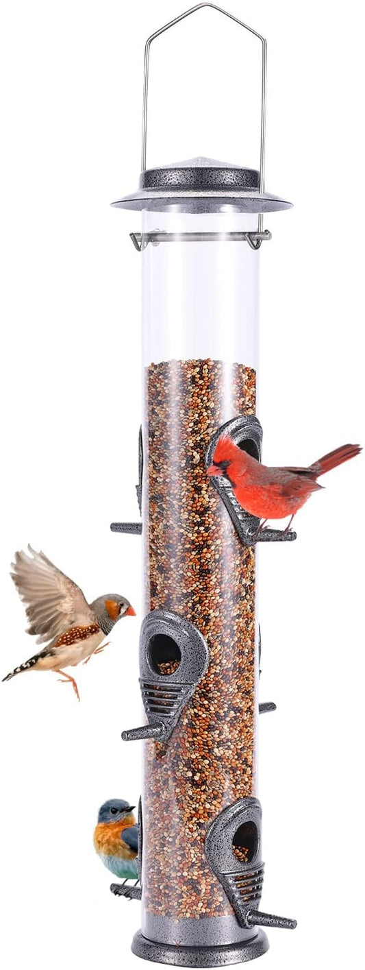 MIXXIDEA 1PK Metal Wild Bird Feeder,Squirrel Proof Bird Feeders for Outside,Hanging 6 Port Tube Bird Feeder Transparent Finch Bird Feeder for Attracting Birds in Your Lawn, Garden, Balcony-Gray