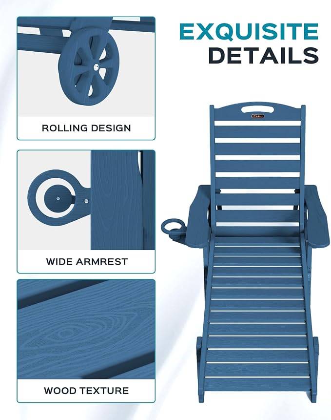 Ciokea Lounge Chair Outdoor Set of 4, Oversized Chaise Lounge Chair with 5 Positions, HDPE, Patio Lounge Chairs with Wheels & Cup Holder for Lawn, Pool, Deck, Poolside, Navy Blue