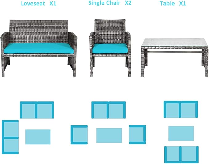 COSTWAY Patio Furniture Set 4 Pieces, Outdoor Wicker Chairs Sofa w/Coffee Table and Soft Cushions, Rattan Conversation Sets for Patio Lawn Backyard Yard Pool Garden, Turquoise
