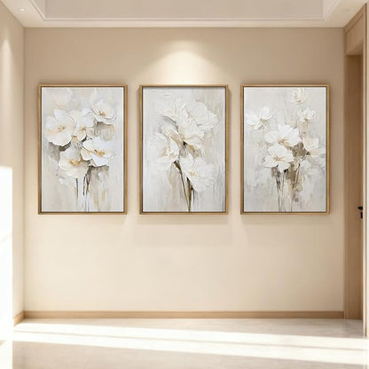 Anyzal Framed Neutral Beige Floral Wall Art Large 16x24 Inch White Cream Flower Canvas Wall Decor Modern Botanical Farmhouse Painting for Living Room Bedroom Dining Room Set of 3