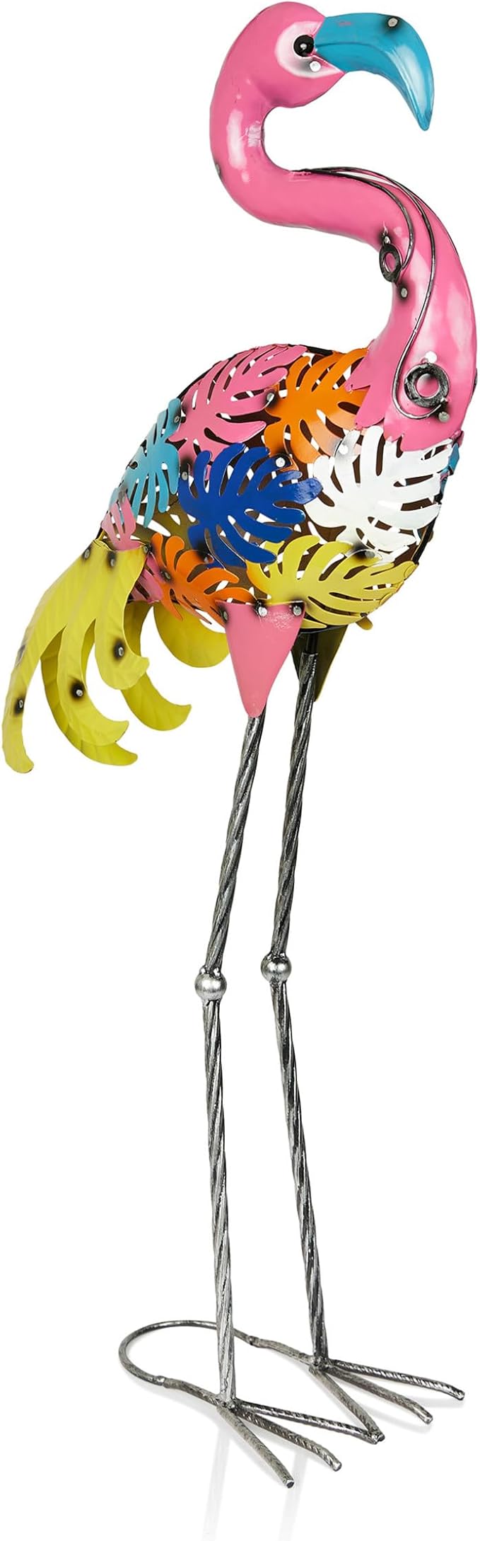 Alpine Corporation LYT276 Outdoor Metal Colorful Art Decor Palm Leaf Body Flamingo for Garden, Patio, Lawn, or Porch, 31" Tall, Multicolor