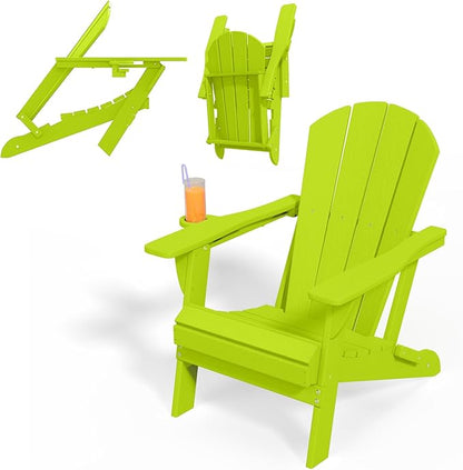 Folding Adirondack Chairs with Cup Holders, Set of 4 HDPE Plastic Outdoor Chairs, Weather Resistant, Real Wood Look, Heavy-Duty Patio Furniture for Deck, Fire Pit, Backyard, Apple Green