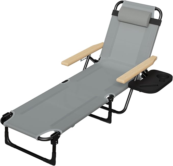 Foldable Chaise Lounge Chair Outdoor, 4-Position Reclining Outdoor Lounge Chairs with Wooden Armrest, Folding Sun Lounger with Removable Pillow for Garden Beach Patio Camp (Gray)