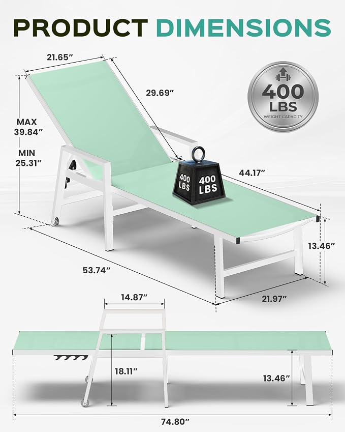 Patio Chaise Lounge Chair Outdoor with Wheels&Armrests, Aluminum Pool Lounge Chairs Set of 2 Five-Position Adjustable Recliner, Outdoor Beach Lounge Chairs for Outside, Patio, Deck, Yard, Light Green