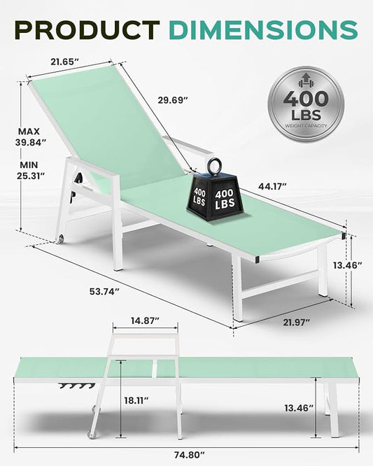 Patio Chaise Lounge Chair Outdoor with Wheels&Armrests, Aluminum Pool Lounge Chairs Set of 2 Five-Position Adjustable Recliner, Outdoor Beach Lounge Chairs for Outside, Patio, Deck, Yard, Light Green