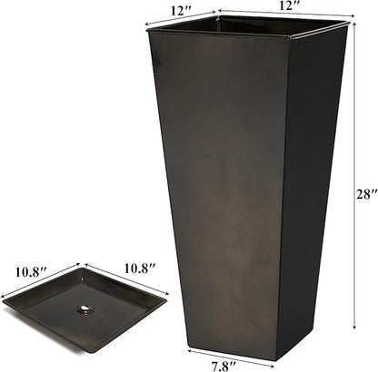 Worth Garden 28" Large Metal Glazed Planter Set of 2, Luxurious Glossy Finish Black Tall Square Tapered Steel Plant Pots, Decor Flower Pot Indoor & Outdoor, Drainage Hole & Dual-Purpose Plant Saucer