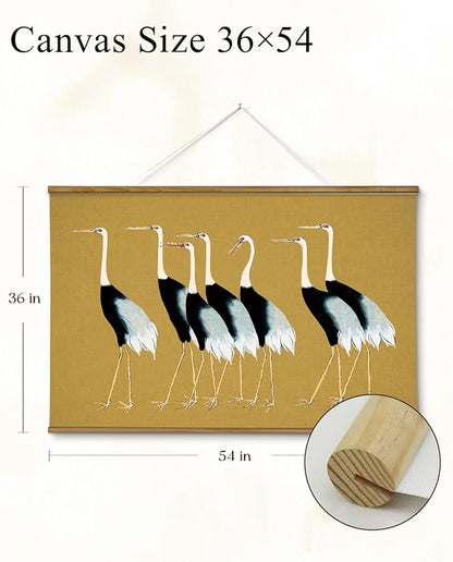 VIYYIEA Extra Large Size Canvas Wall Art, 36x54 Vintage Scroll Hanging Crane Print, Elegant Bird Animal Artwork for Living Room, Bedroom, or Office