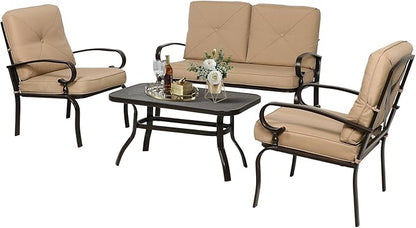 4-Piece Outdoor Metal Furniture Sets Patio Conversation Set Wrought Iron Loveseat, 2 Single Chairs, Coffee Table with Cushion, Lawn Front Porch Garden, Brown