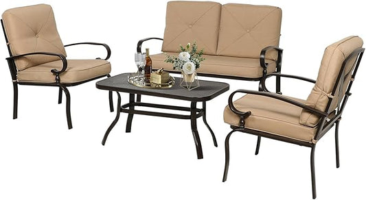 4-Piece Outdoor Metal Furniture Sets Patio Conversation Set Wrought Iron Loveseat, 2 Single Chairs, Coffee Table with Cushion, Lawn Front Porch Garden, Brown
