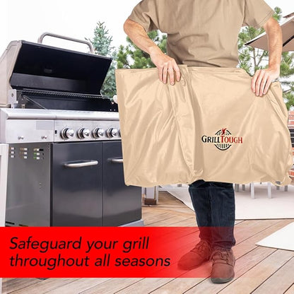 GrillTough Heavy Duty BBQ Grill Cover for Outdoor Grill, 52 Inch – Waterproof, Weather Resistant, UV & Fade Resistant with Adjustable Straps – Gas Grill Cover for Weber, Genesis, Charbroil, etc. Tan
