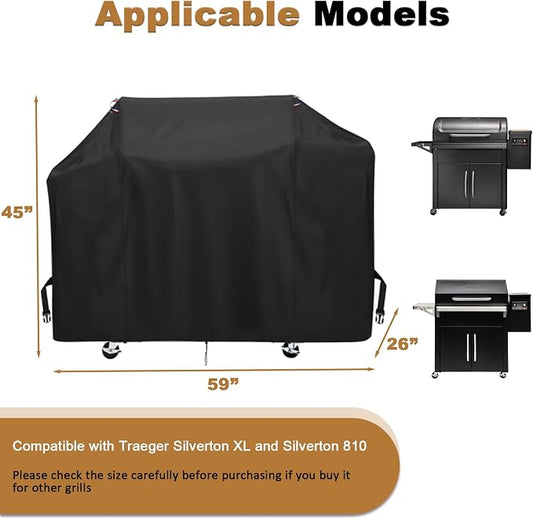 Pellet Grill Cover for Traeger Silverton Series, 600D Thickened Grill Covers Compatible with Traeger Silverton 810 and Silverton XL, Heavy Duty Waterproof BBQ Cover for Outdoor Grills
