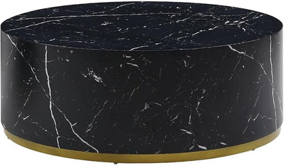 kevinplus BlackRound Coffee Table Side End Table Set of 2 for Living Room, Modern Contemporary Circle Drum Style, Gold Rim Bottom & Faux Marble Grain, No Assembly (Black, 2-Pcs)