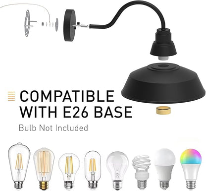 12.4" Dome Gooseneck Barn Light, Outdoor Anti-Rust&Waterproof Farmhouse Wall Sconce, Outdoor Wall Lanterns for Porch/Patio, E26 Base 100W Max(Black 2-Pack Exterior Lighting Fixtures)