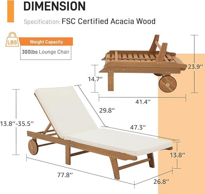 Patiorama Patio Acacia Wood Chaise Lounge, Outdoor Folding Lounge Chair Recliner w/Padded Cushion, Wheels, Adjustable Backrest, Portable Sun Lounger Pool Chair for Deck, Lawn, FSC Certified, Cream