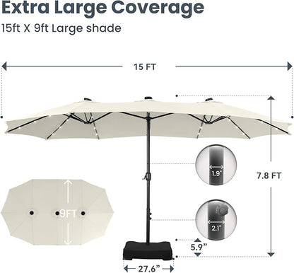 PHI VILLA 15ft Large Patio Umbrella with Solar Lights, Double-Sided Outdoor Market Rectangle Umbrellas with 36 LED Lights, Umbrella Base (Stand) Included, Ivory