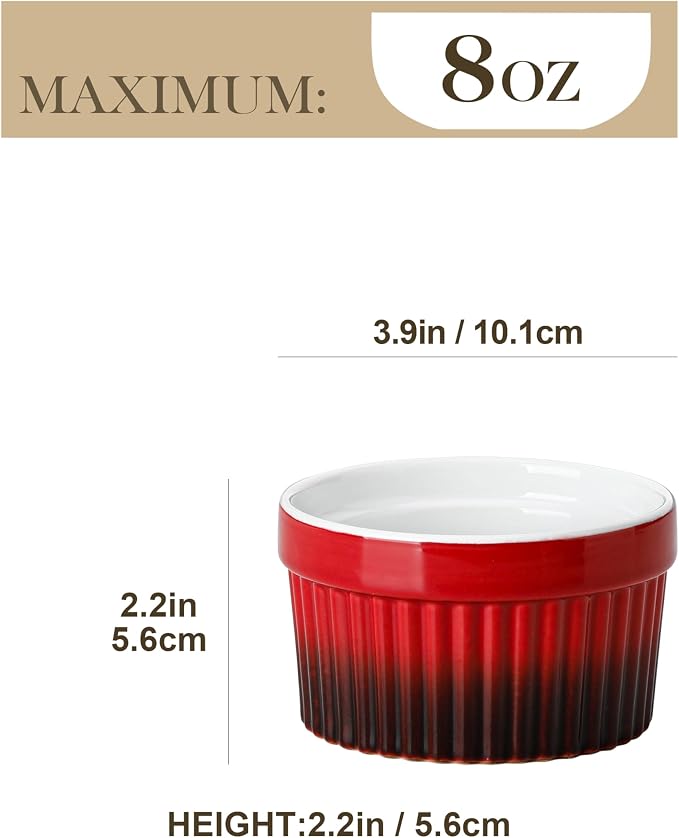 MALACASA Ramekins 8 oz Oven Safe, Large Ceramic Souffle Dishes for Baking & Serving, Stoneware Custard Cups Ramekin for Creme Brulee, Baking Bowls Set of 6, Red, Series RAMEKIN-DISH