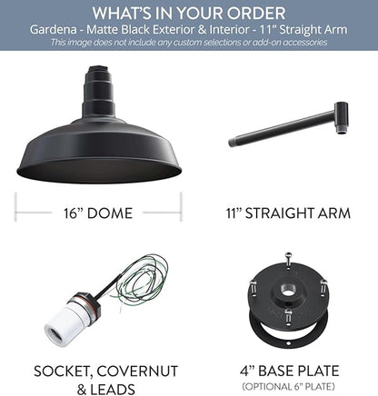 Steel Lighting Co. Gardena Barn Light | Outdoor Wall Mounted | 16" Dome | 11" Straight Arm | Farmhouse Light Made in America | Matte Black Exterior/Matte Black Interior