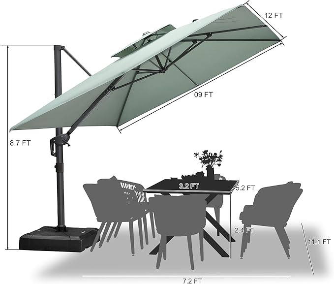 PURPLE LEAF Cantilever Patio Umbrella Outdoor Aluminum Offset Square Umbrella Windproof Heavy Duty Hanging Outside Umbrella for Deck Pool Garden