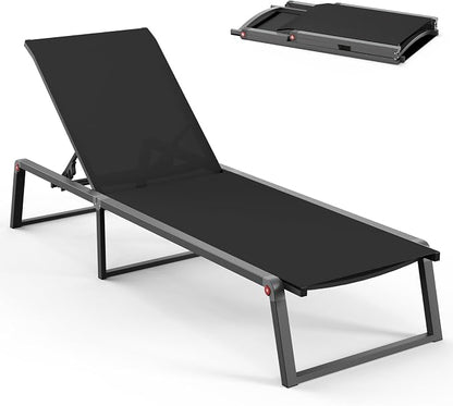 Aluminum Chaise Lounge Chair Outdoor, Foldable& No Assembly Patio Pool Lounge Chairs 5-Position Recliner for Outside, Fully Grounded Legs Sun Lounger for Poolside, Black