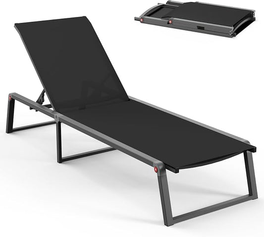Aluminum Chaise Lounge Chair Outdoor, Foldable& No Assembly Patio Pool Lounge Chairs 5-Position Recliner for Outside, Fully Grounded Legs Sun Lounger for Poolside, Black