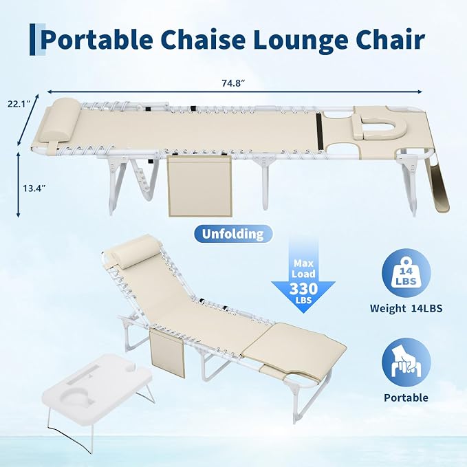 Garvee Tanning Chair with Face Hole, 3-in-1 Outside Beach Lounge Chair with Folding Table, 5 Reclining Positions and Removable Pillow, for Beach, Pool, Patio, Garden -Max 330lbs (Beige)