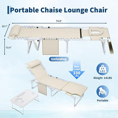 Garvee Tanning Chair with Face Hole, 3-in-1 Outside Beach Lounge Chair with Folding Table, 5 Reclining Positions and Removable Pillow, for Beach, Pool, Patio, Garden -Max 330lbs (Beige)