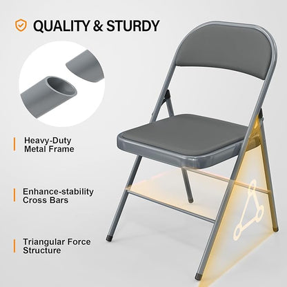 VINGLI 8 Pack Folding Chairs with Padded Seats, Metal Frame with Pu Leather Seat & Back, Capacity 350 lbs, Gray