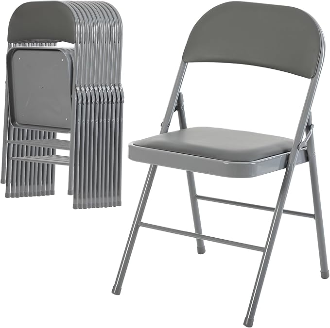 DUMOS 12 Pack Folding Chairs with Padded Cushion and Back - PU Leather Stackable Portable Dining Chairs Set, for Home and Office, Conference, Wedding, Party, Patio, Garden, for Indoor Outdoor, Grey