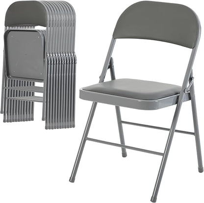 DUMOS 12 Pack Folding Chairs with Padded Cushion and Back - PU Leather Stackable Portable Dining Chairs Set, for Home and Office, Conference, Wedding, Party, Patio, Garden, for Indoor Outdoor, Grey