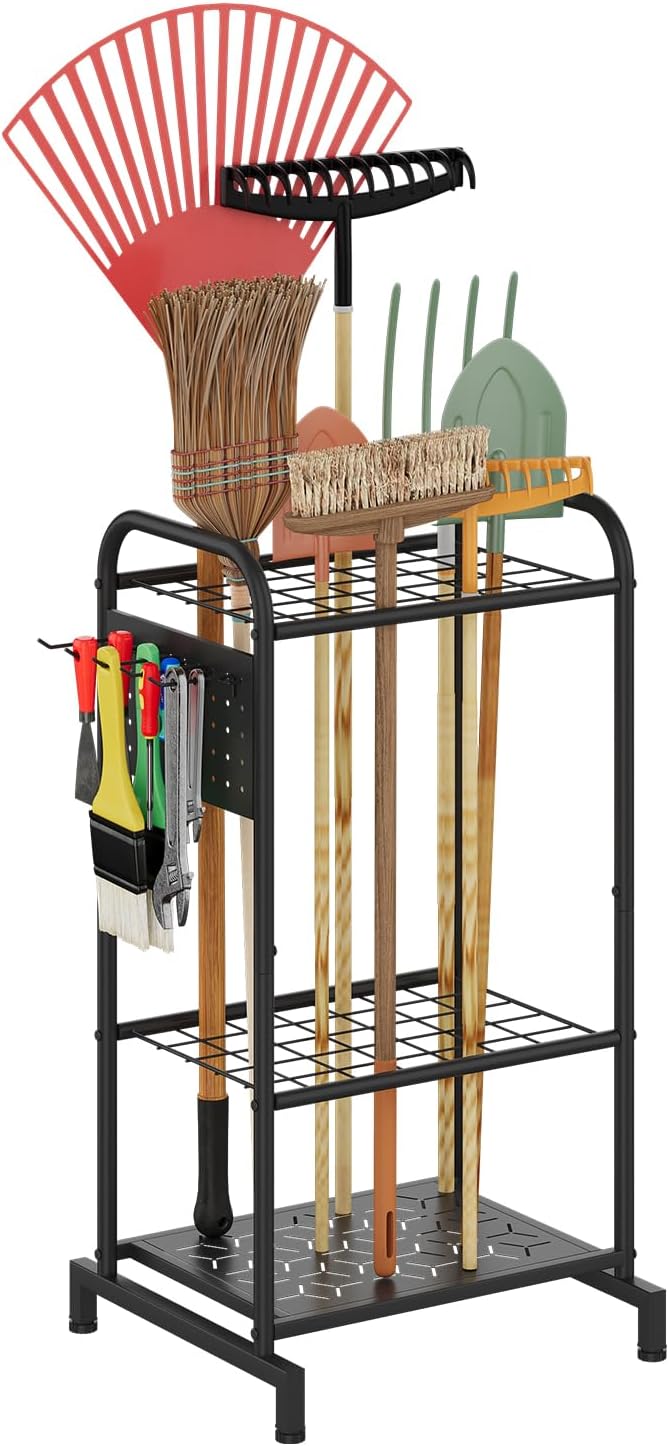 Garden Tool Organizer with Hooks Yard Tool Rack Heavy Duty Steel Yard Tool Organizer and Garden Storage Holder Broom Holder for Shed, Patio, Outdoor Indoor