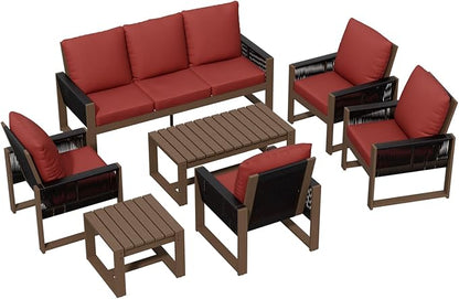 Rustic Hideaway Natural Cedar Wood Outdoor Furniture Set, Wicker Patio Conversation Set for Porch Garden Backyard, Couch, 4 Patio Chairs, Tables, 7 Piece, Brownish/Red