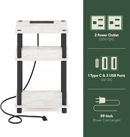 Furinno JUST Side Table Set of 2, 3-Tier Modern End Table with Charging Station, Open Shelf Night Stand, Bedside Table with USB and Type-C Port, for Living Room, Bedroom, Marble White