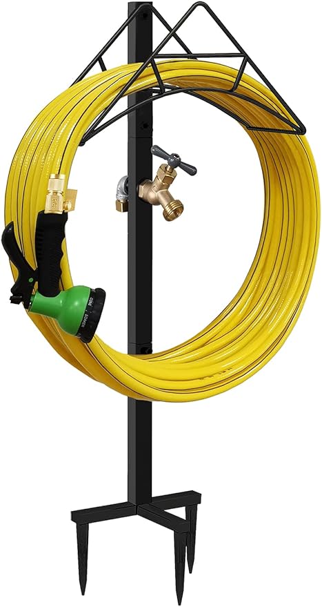 Artigarden Outdoor Hose Holder Stand with Brass Spigot Faucet - Freestanding Metal Water Pipe Extension Hanger Stake Heavy Duty Storage Organizer for Garden Lawn, Backyard