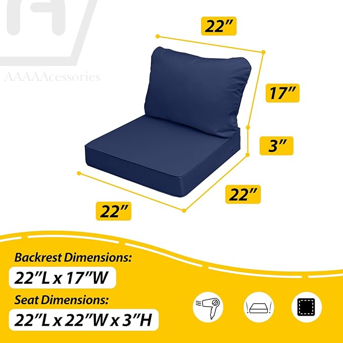 AAAAAcessories Outdoor Seat Cushions for Chairs, Fade-Resistant, Waterproof Patio Furniture Replacement Cushions, 22" x 22" x 3" + 22" x 17", Navy Blue