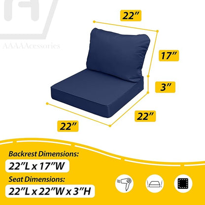 AAAAAcessories Outdoor Seat Cushions for Chairs, Fade-Resistant, Waterproof Patio Furniture Replacement Cushions, 22" x 22" x 3" + 22" x 17", Navy Blue