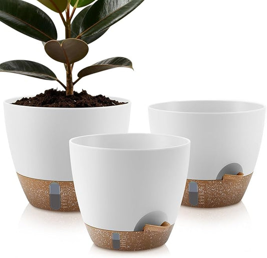 QRRICA 12/10/9 Inch Self-Watering Plant Pots with Water Level Indicator, Drainage Holes & Saucers – Large Plastic Planter Set for Indoor & Outdoor Plants (White)