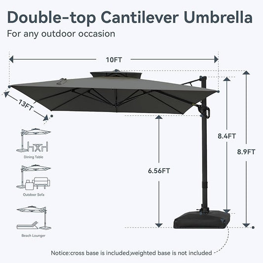 GREEN PARTY 10x13 ft Cantilever Patio Umbrella, Rectangle Offset Outdoor Umbrellas with 360° Rotation, 5-Year-Non-Fading Hanging Pool Umbrella for Garden Deck Poolside - Grey