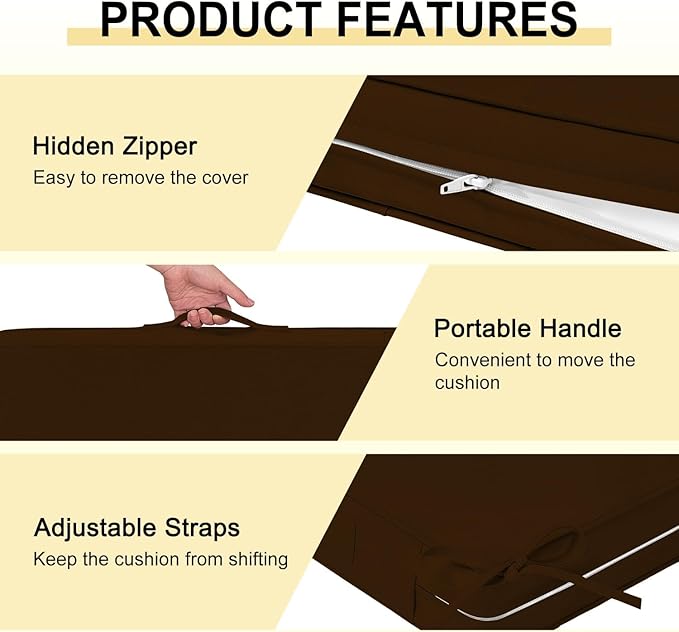 downluxe Waterproof Outdoor Chair Cushions Set of 4, 19" x 19" x 3" Patio Chair Cushion with Non-Slip Ties & Handle, Square Outdoor Cushion for Patio Furniture with Removable Cover, Brown