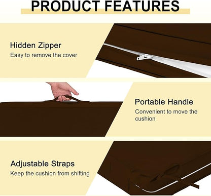 downluxe Waterproof Outdoor Chair Cushions Set of 4, 19" x 19" x 3" Patio Chair Cushion with Non-Slip Ties & Handle, Square Outdoor Cushion for Patio Furniture with Removable Cover, Brown