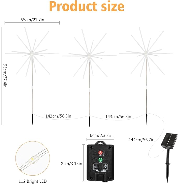 CCILAND 3 Pack Solar Firework Lights Outdoor, 336 LEDs Solar Starburst Garden Lights with Timer 8 Modes, Waterproof Decorative Lights for Yard Patio Walkway Pathway Party Wedding (Warm White)