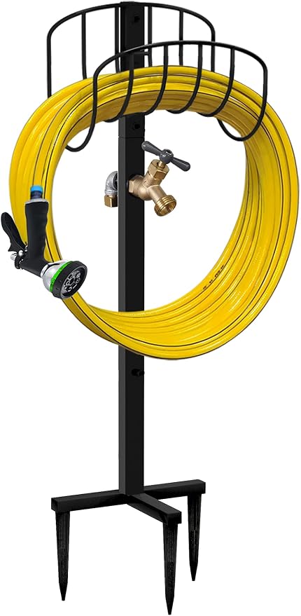 Artigarden Freestanding Garden Hose Holder Stake with Brass Faucet, Heavy Duty Metal Water Pipe Storage Stand Rack for Outdoor